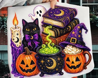 Halloween Witch PNG, Black Cat Cauldron Pumpkin Spooky Season Sublimation Design