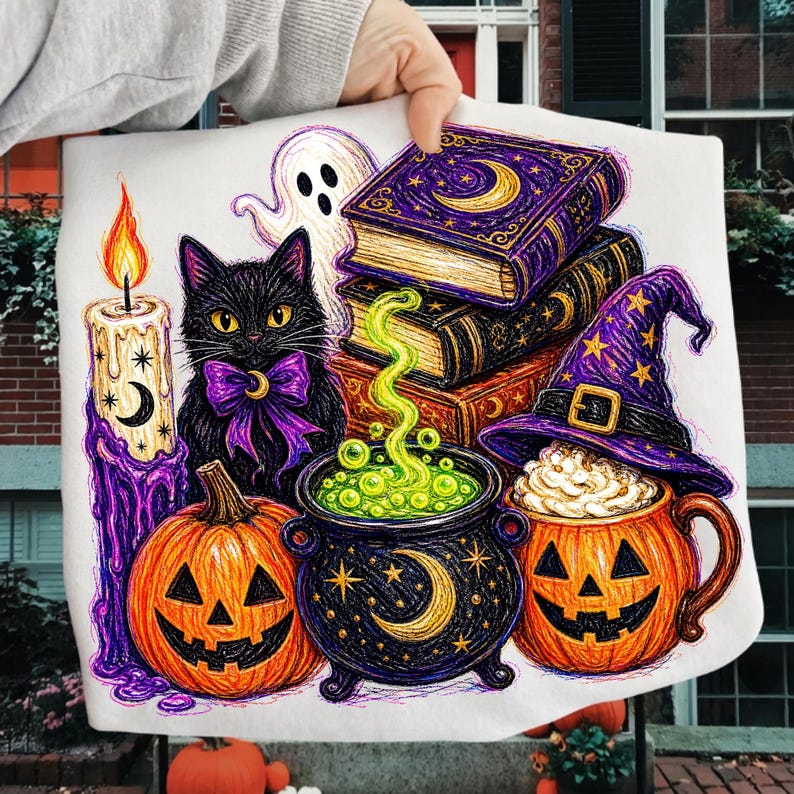 Classic Halloween Witch PNG with Black Cat, Cauldron, and Pumpkin design on a transparent background.
