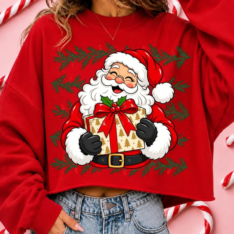 May include: A red crewneck sweatshirt featuring a graphic illustration of Santa Claus with a white beard and red hat, holding a gift box wrapped in gold paper with a large red bow. The design is framed by green pine branch patterns.