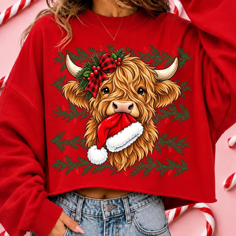 May include: A bright red long-sleeve sweatshirt featuring a graphic of a shaggy Highland cow with a red and black buffalo plaid bow on its head and a red Santa hat held in its mouth, set against a background pattern of green pine branches.