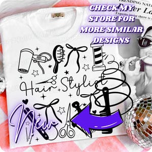 May include: White t-shirt with a black graphic design featuring hair styling tools and the words "Hair Stylist." The design includes a hairdryer, comb, scissors, and a barber pole. The word "NEW" is also visible.