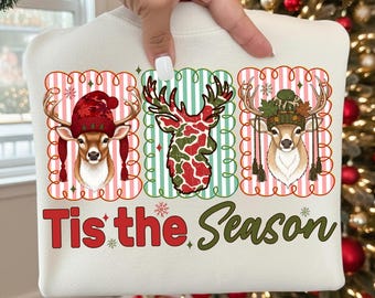 Tis the Season Camo Deer Head PNG, Hunting Christmas Buck Antlers Sublimation, Outdoorsman Holiday Shirt Design, Rustic Old School Camo