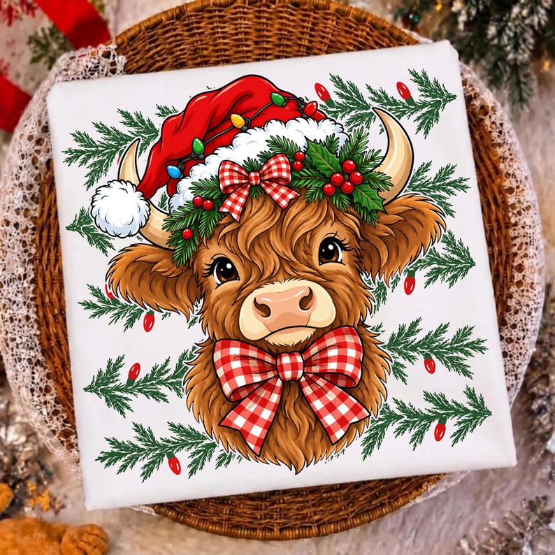 Image of Coquette Christmas Highland Cow PNG, Western Christmas Highland Cow Sublimation Design