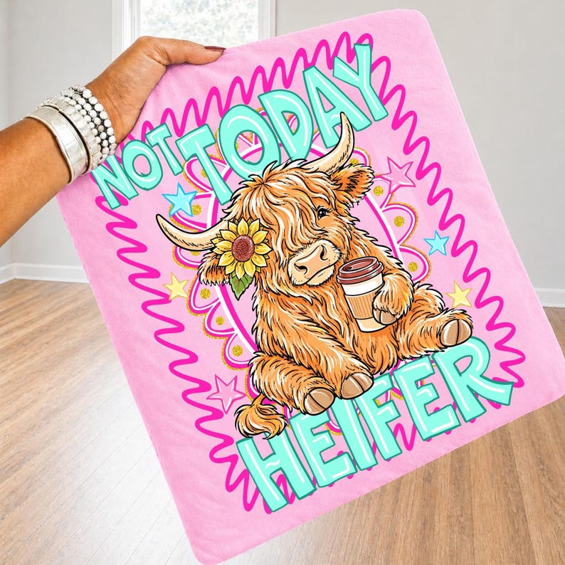 Image of Not Today Heifer PNG Coffee Lover Highland Cow Digital Download Sarcastic Farm Humor Neon Striped Western Cow Sunflower Shirt Sublimation