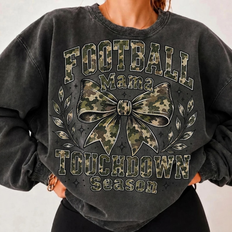 Football Mama Bow PNG design mock-up on a stylish t-shirt, ideal for football season and game day wear.