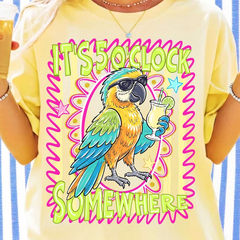 Image of Funny Retired Parrot PNG Striped Summer Sublimation It's 5 o'clock Somewhere Tropical Sunset Clipart Beach Vibes Boutique Girly Digital Art