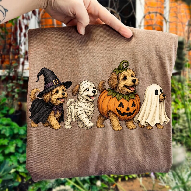 Image of Halloween Golden Doodle PNG, Doodles in Costumes Sublimation, Cute Fall Dog Digital Download
