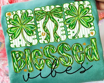 Retro Coquette St Patrick's Day PNG, Preppy Blessed Vibes Shamrock Digital File, Trendy Irish Celebration Graphic Design