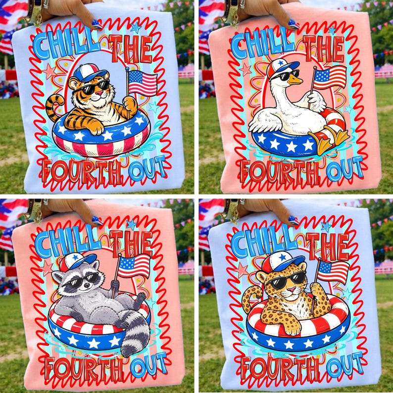 Chill The Fourth Out PNG Bundle featuring patriotic animals in leopard print style for 4th of July sublimation.