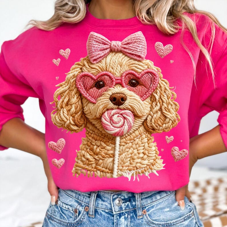 May include: A bright pink sweatshirt featuring a detailed illustration of a poodle wearing heart-shaped sunglasses and a bow. The poodle is holding a lollipop. Pink hearts are scattered around the design.