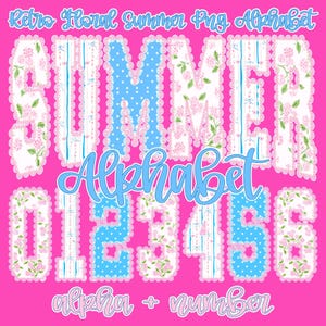 May include: A digital design showcasing a retro floral summer PNG alphabet and numbers. The letters and numbers are adorned with pink floral patterns, blue polka dots, and scalloped edges, set against a bright pink backdrop. The word "Alphabet" is written in a light blue script.