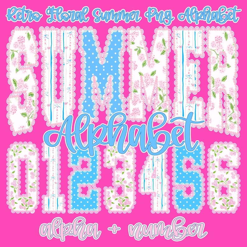 Image of Retro Floral Summer Alphabet Lace PNG Bundle, Distressed Beach Life Sublimation, Cottagecore Neon Sunshine Design, Trendy Lake River DTF