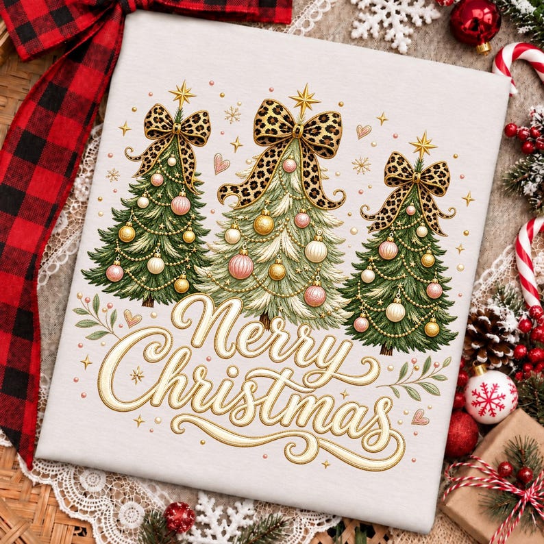 Mockup of the Leopard Bow Christmas Tree design on a cozy holiday sweatshirt