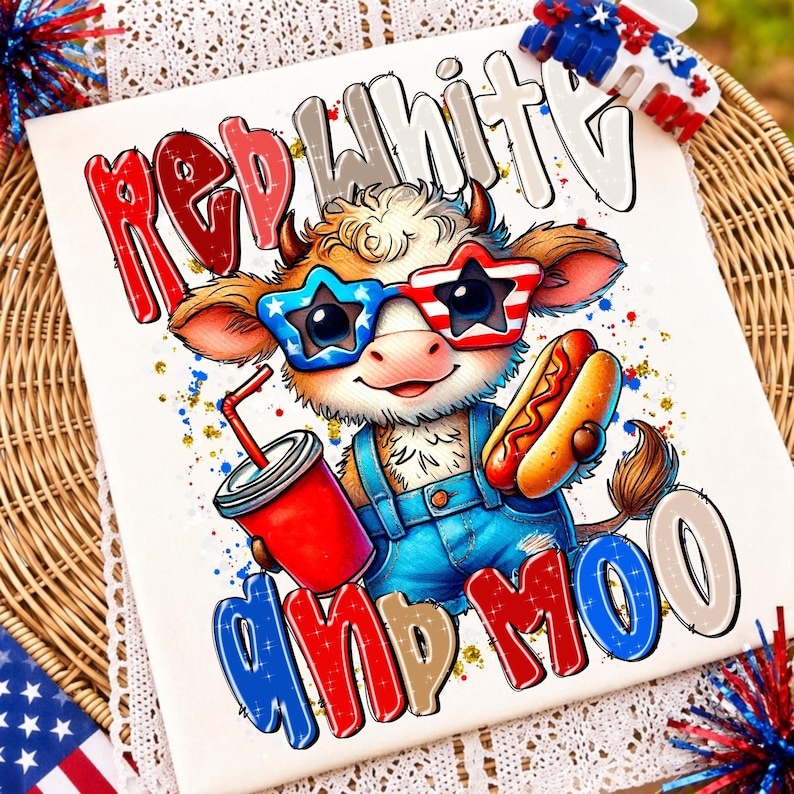 Red White and Moo Highland Cow PNG design for 4th of July sublimation