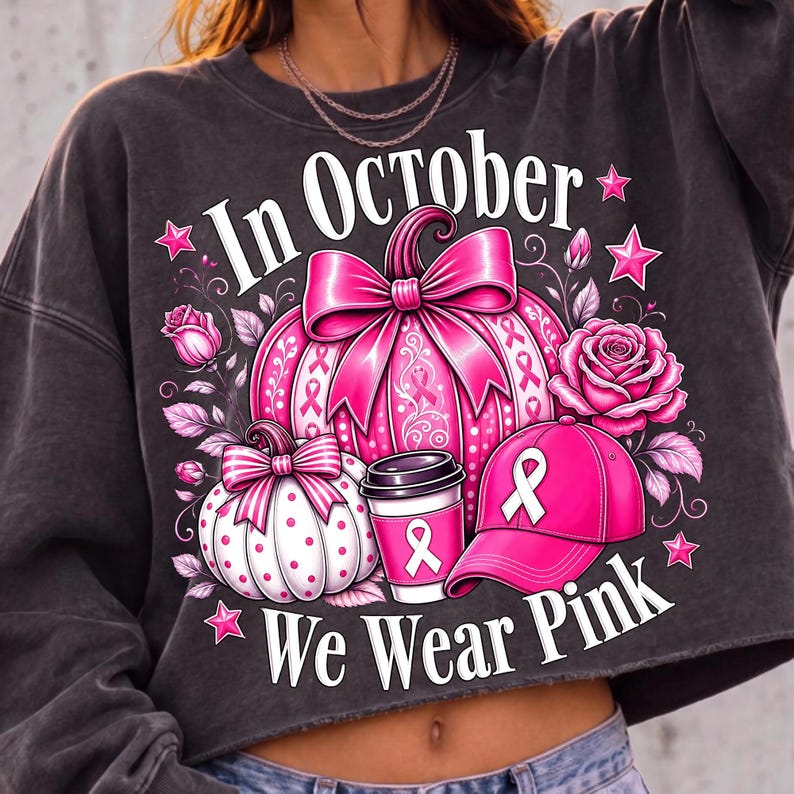 In October We Wear Pink PNG Breast Cancer Awareness Pumpkin Design