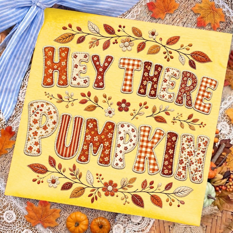 Image of Hey There Pumpkin PNG, Retro Floral Fall Sublimation, Gingham Autumn Shirt Design, Cute Thanksgiving Digital Download