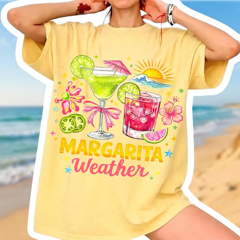 Close-up of a 'Margarita Weather' design on a product, highlighting the vibrant tropical colors and brushstroke texture