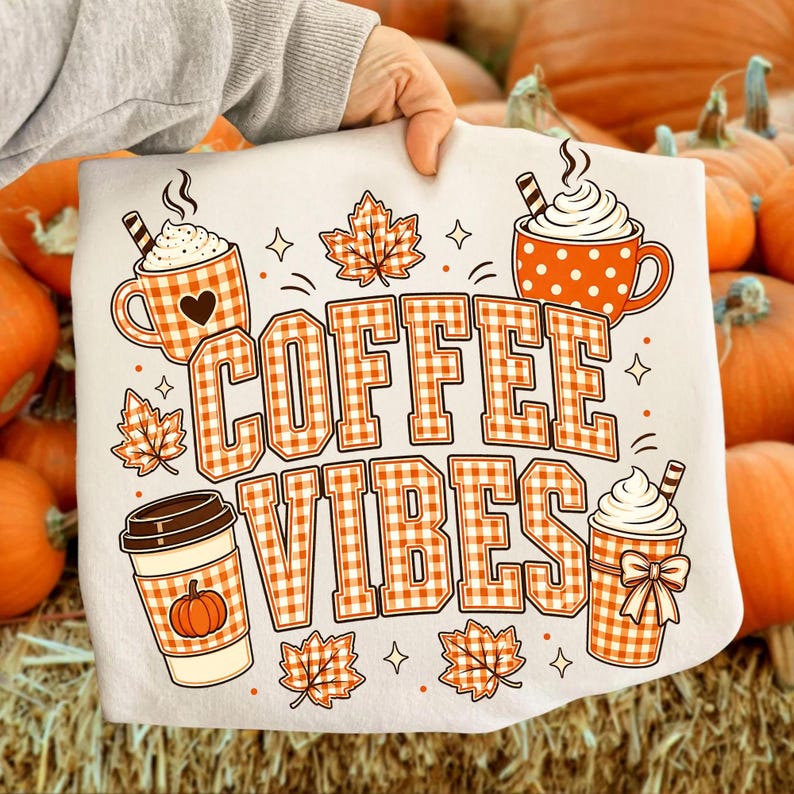 Kaffevibbar PNG, sublimering av höstkaffe, orange gingham-pumpakryddalattedesign, digital nedladdning av mysig höst bild 7