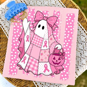 Pink Patchwork Ghost Breast Cancer PNG, Halloween Breast Cancer Awareness PNG, Pink Ribbon Ghost Pumpkin, Cute October Sublimation Design