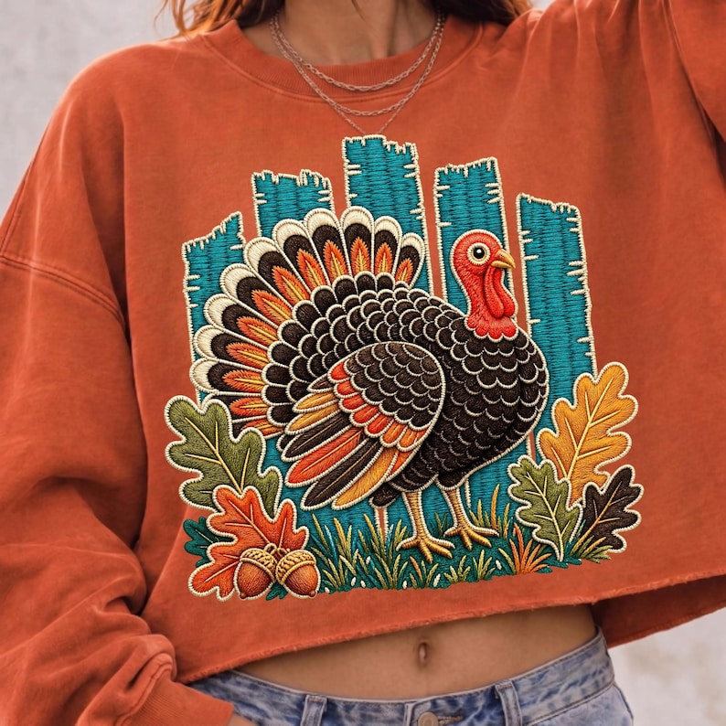 May include: A burnt orange cropped sweatshirt featuring a large embroidered graphic of a turkey with a fanned tail in shades of brown, orange, and yellow. The design includes teal vertical fence-like slats, green grass, and colorful autumn oak leaves.