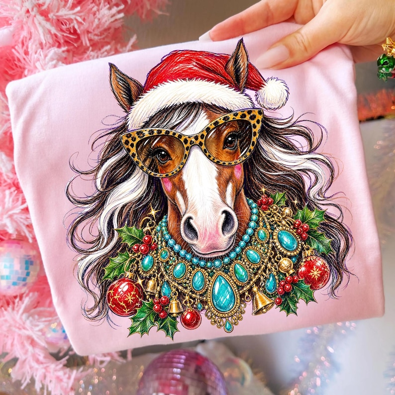May include: A light pink t-shirt featuring a graphic illustration of a brown horse wearing a red Santa hat, leopard print cat-eye glasses, and a decorative necklace made of turquoise stones, gold bells, red Christmas ornaments, and holly leaves.