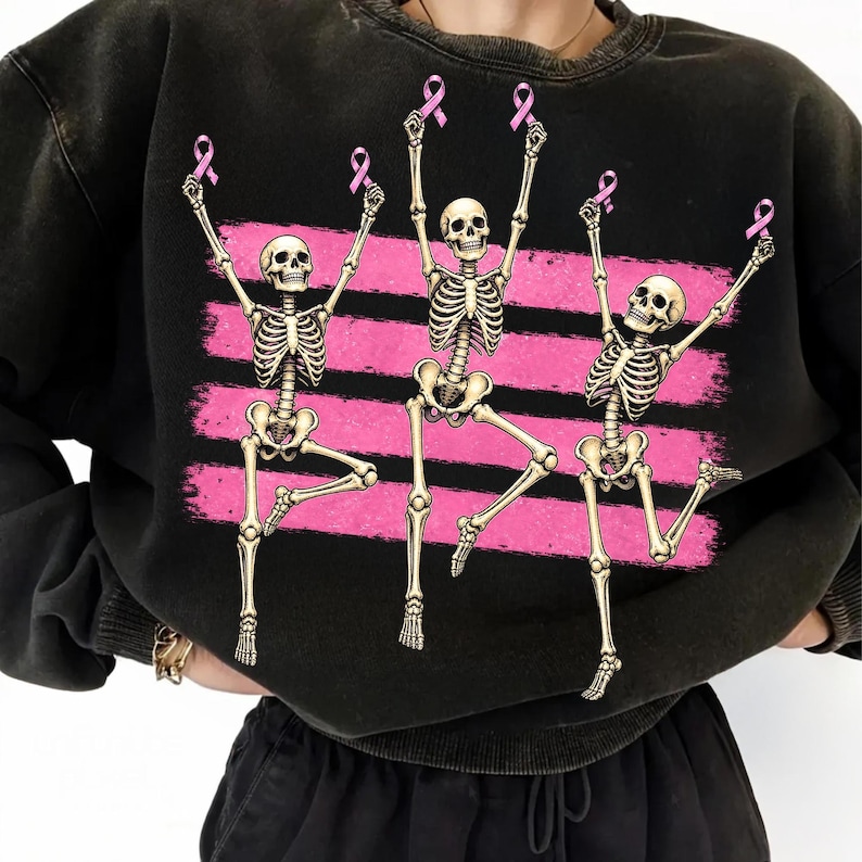 Breast Cancer Skeleton PNG with Pink Ribbon for Halloween