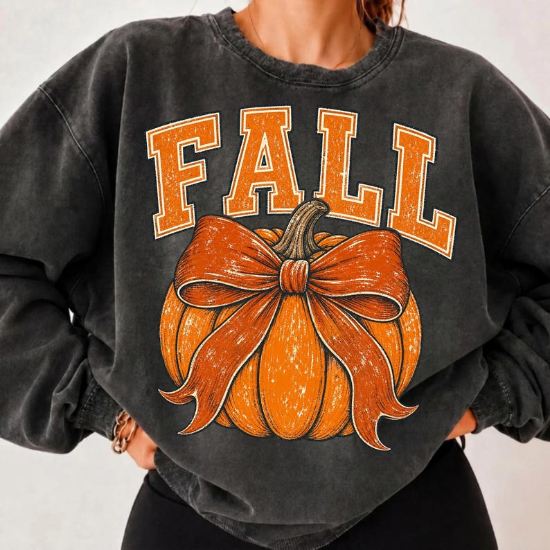 Image of Fall Pumpkin PNG, Retro Pumpkin Bow Sublimation, Autumn Shirt Design, Vintage Fall Digital Download