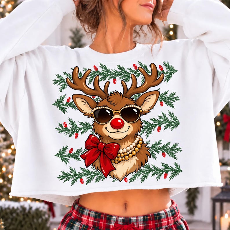 Image of Glam Reindeer Christmas PNG, Rhinestone Sunglasses Reindeer Sublimation, Trendy Holiday Shirt Design, Digital Download