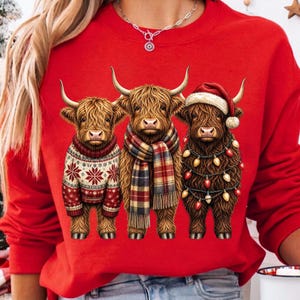 May include: A bright red long-sleeve sweatshirt featuring a graphic of three Highland cattle. The left cow wears a red and white snowflake sweater, the center cow wears a plaid scarf, and the right cow wears a Santa hat and string lights.