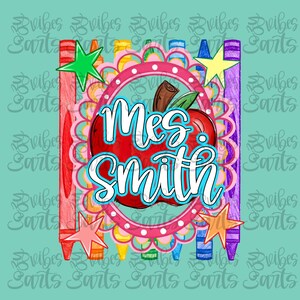 Striped Preppy Teacher Back to School PNG Sublimation File, Colorful Pencil Crayons Blue Gingham DTF Graphic, Teacher Clipart image 2