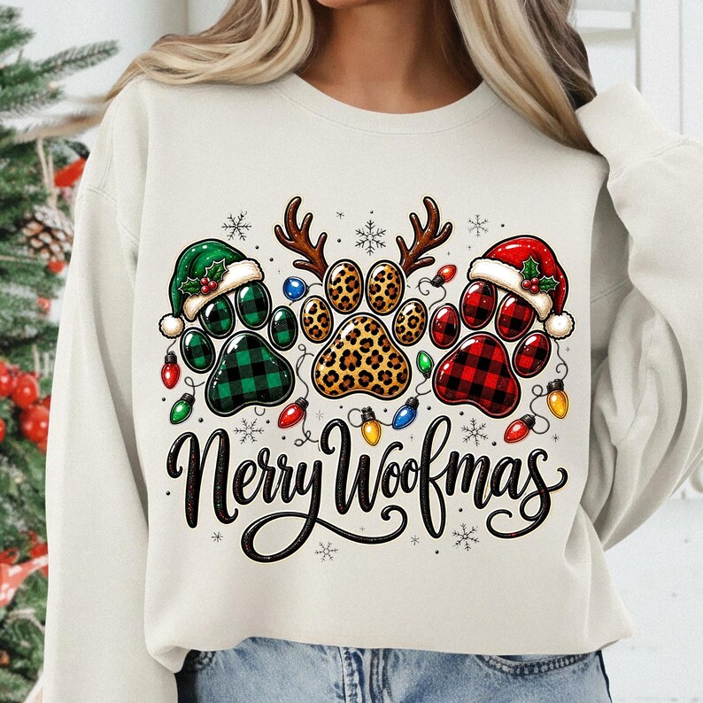Image of Merry Woofmas PNG, Dog Christmas Sublimation, Funny Dog Lover Paw Print Holiday Design, Digital Download