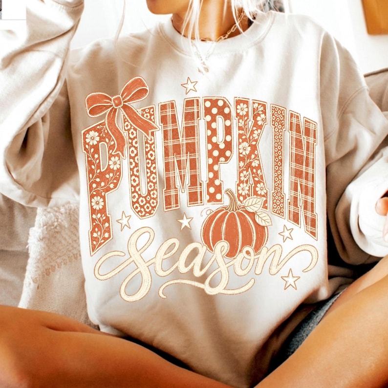 Image of Pumpkin Season PNG, Preppy Fall Pumpkin Sublimation, Coquette Bow Autumn Shirt Design, Retro Thanksgiving Digital Download