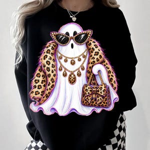 Boujee Halloween Ghost PNG, Leopard Print Glam Ghost, Spooky Luxury Rhinestone DTF Digital Download image 4