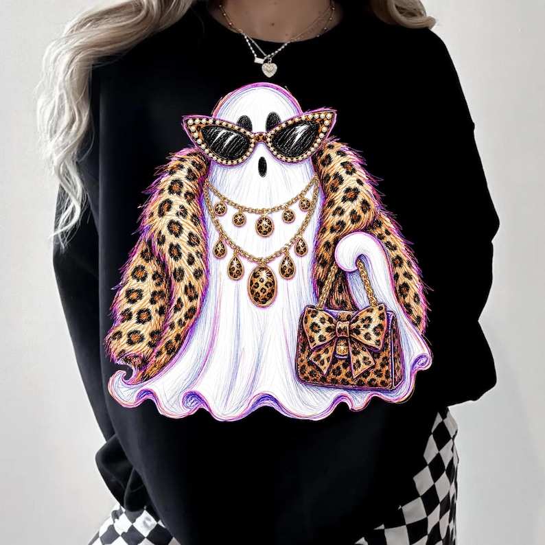 Image of Boujee Halloween Ghost PNG, Leopard Print Glam Ghost, Spooky Luxury Rhinestone DTF Digital Download