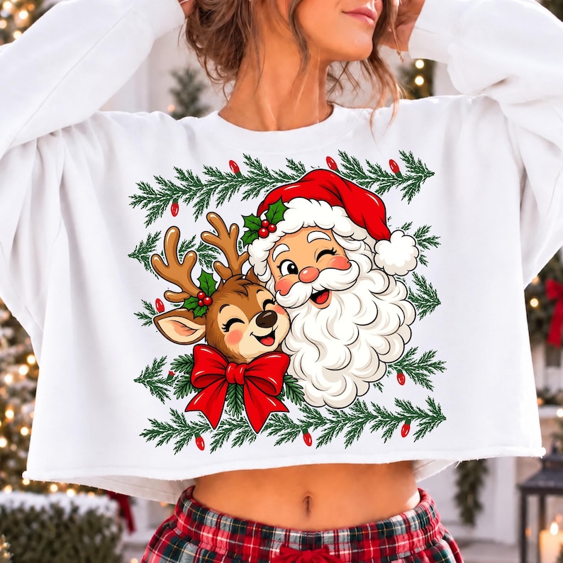 Image of Santa and Reindeer PNG, Merry Christmas Sublimation Design, Hand Painted Holiday Shirt Graphic, Xmas Digital Download