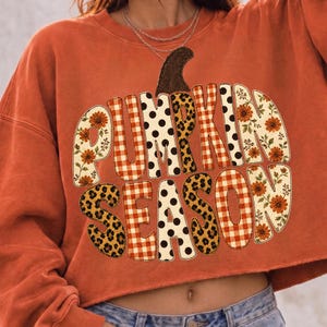以下が含まれることがあります： パンプキン・シーズン（PUMPKIN SEASON）という文字が大きくプリントされた、バーントオレンジ色のクロップド丈スウェットシャツ。文字の中には、オレンジと白のギンガムチェック、黒の水玉模様、ヒョウ柄、オレンジ色の花柄など、さまざまなパターンがデザインされています。