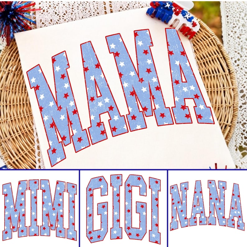 Preppy Floral 4th of July PNG letters with retro American style and vibrant patriotic colors