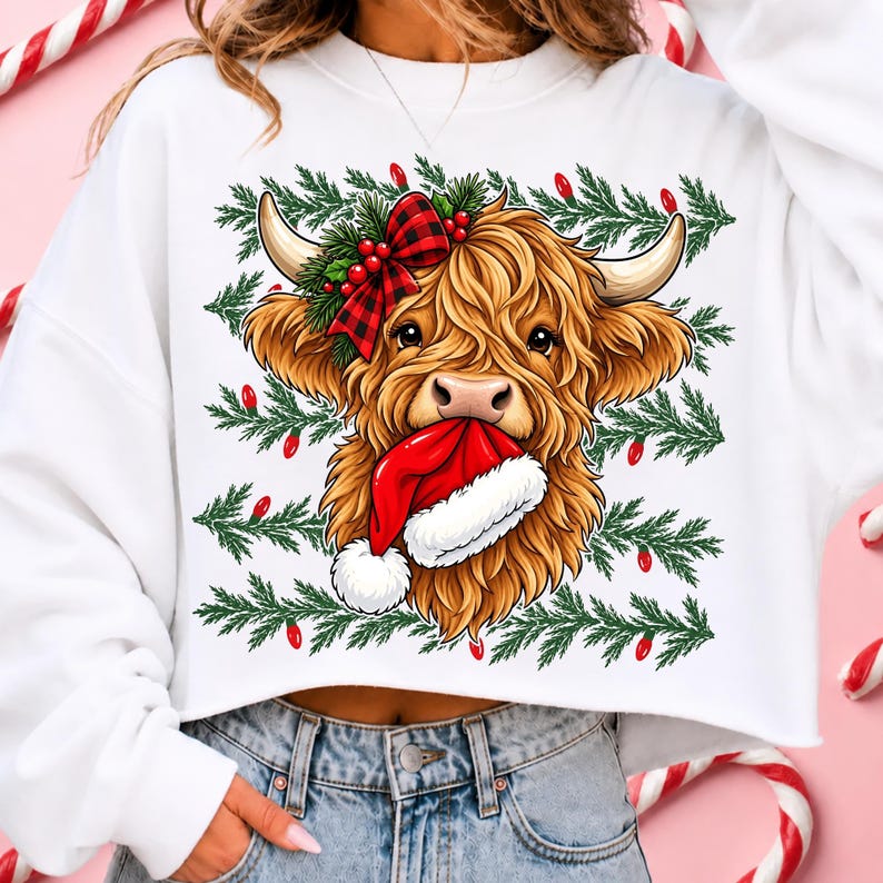 May include: A white long-sleeve sweatshirt featuring a graphic of a brown Highland cow with a red and black plaid bow, green pine branches, and red berries. The cow is holding a red and white Santa hat in its mouth against a pine background.