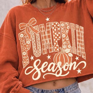 May include: A burnt orange long-sleeve sweatshirt featuring the word PUMPKIN in large white block letters with varied patterns including plaid, polka dots, and floral designs, a bow graphic, and the word season in white cursive script.
