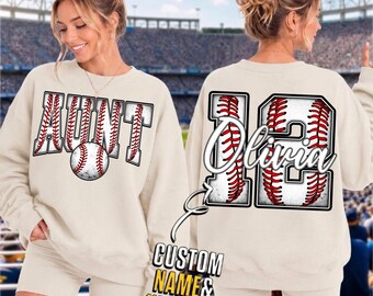 PNG personalizado de tía beisbolera, nombre y número personalizados, diseño universitario de costuras de béisbol, descarga digital por sublimación para el día del partido