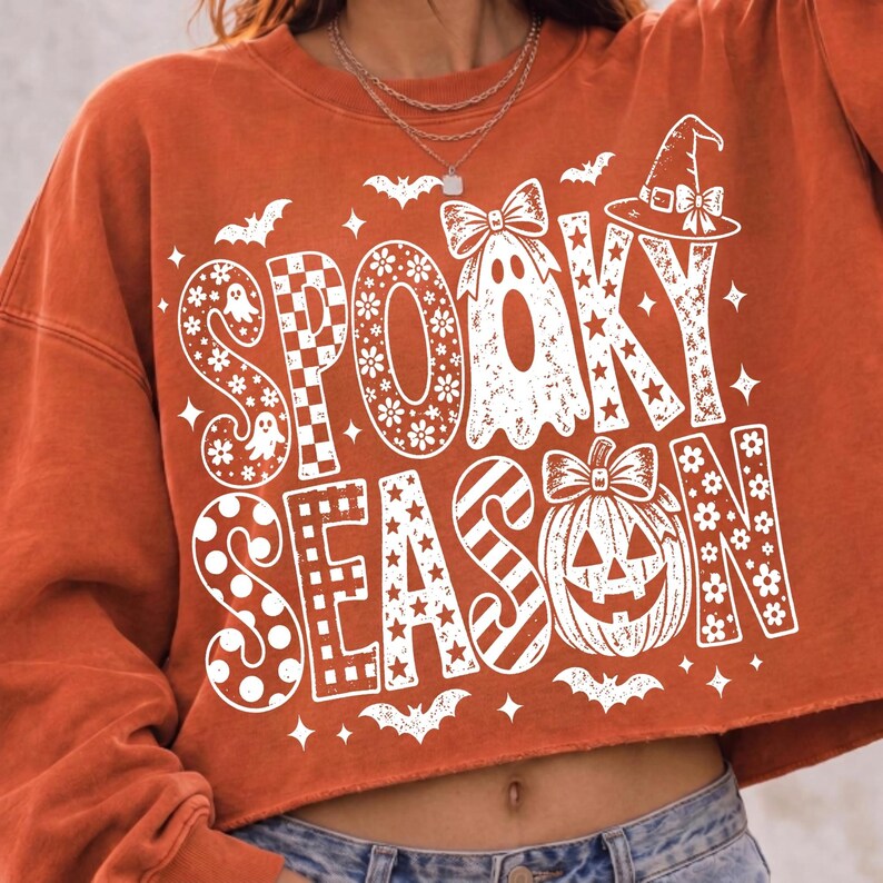 Image of Preppy Spooky Season PNG, Girly Halloween Ghost Pumpkin Bow Sublimation Design