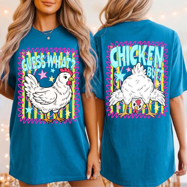 Close-up detail of a 'Guess What Chicken Butt' retro summer design, highlighting its vibrant colors and preppy aesthetic, perfect for sublimation.