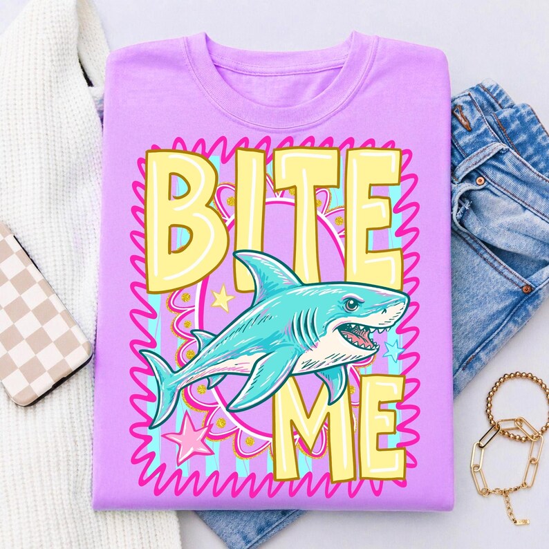 Bite Me Shark PNG Funny Summer Beach Design Coastal Striped Aesthetic Trendy Shark Graphic Sublimation DTF Digital File Preppy Summer Shirt image 10