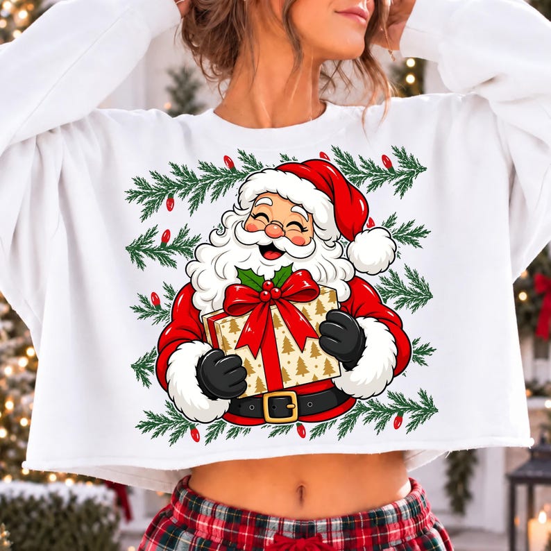 Image of Vintage Santa PNG, Retro Santa Claus with Gift, Christmas Shirt Sublimation Design, Holiday Digital Download