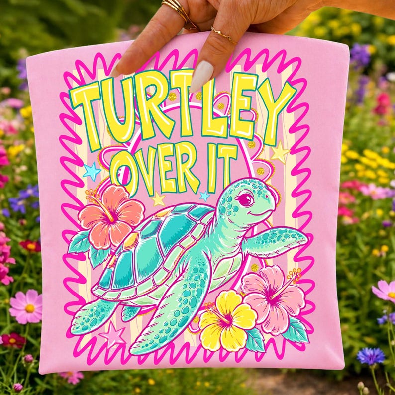 Cute sea turtle with hibiscus flowers and