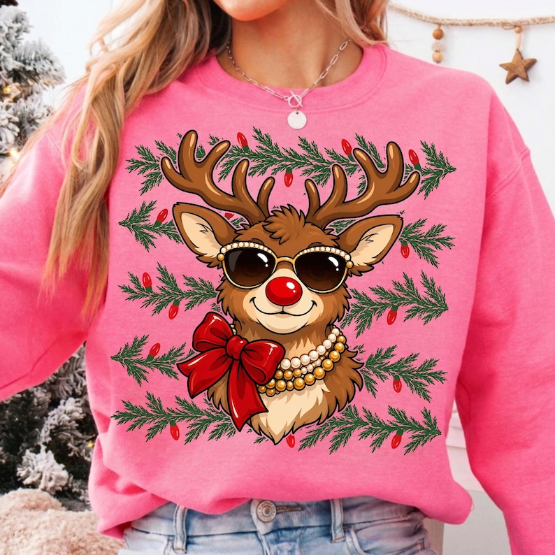 Image of Glam Reindeer Christmas PNG, Rhinestone Sunglasses Reindeer Sublimation, Trendy Holiday Shirt Design, Digital Download