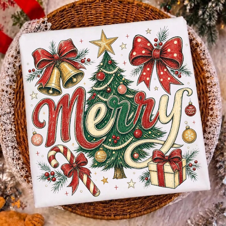 Close up of the Retro Christmas Tree Bow on a ceramic holiday mug