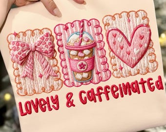 Latch Hook Faux Yarn Lovely & Caffeinated PNG, Crochet Style Valentine Coquette Coffee Sublimation, Retro Pink Heart Digital Download