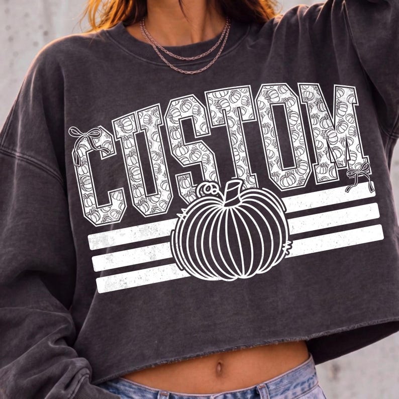 Custom Fall Varsity PNG design featuring a distressed pumpkin with customizable text.
