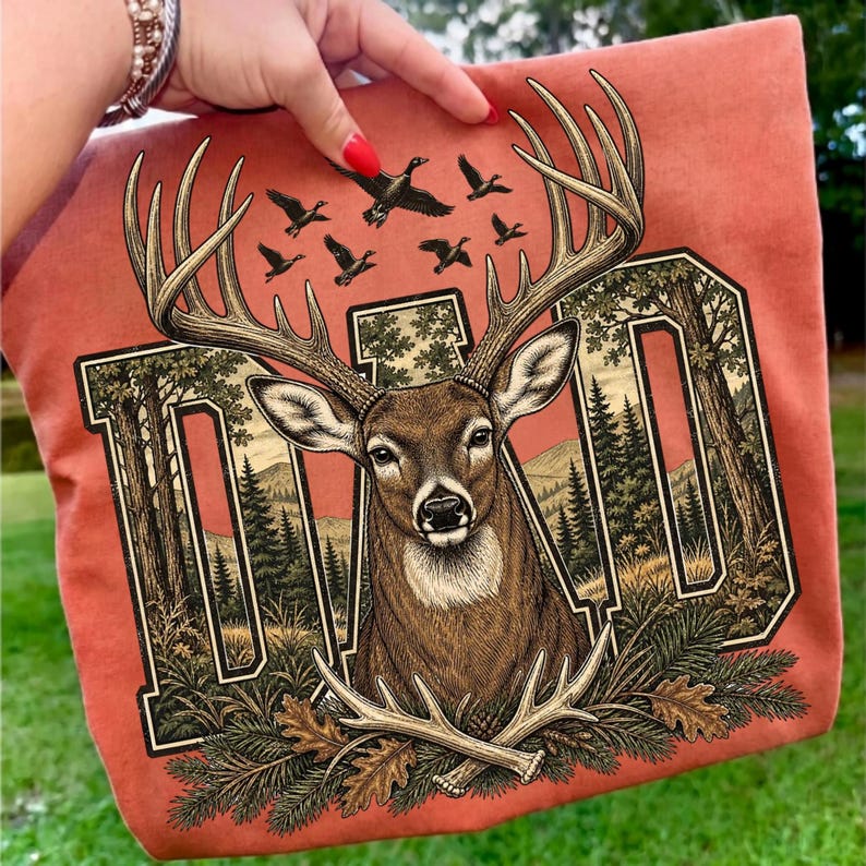 May include: A rust-coloured t-shirt featuring a graphic of a deer head with large antlers, surrounded by a forest landscape and the word DAD in large block letters. The design includes flying ducks and fallen antlers at the base.